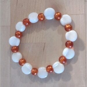 Handmade Beaded Stretch Bracelet – White & Amber Orange Glass Beads.